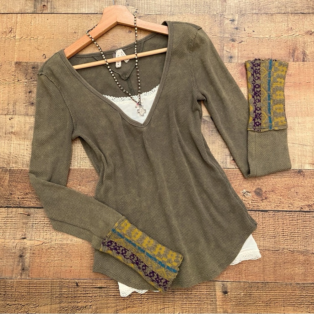 FP We the Free Long Sleeve Waffle Top Detailed Wrists Accents